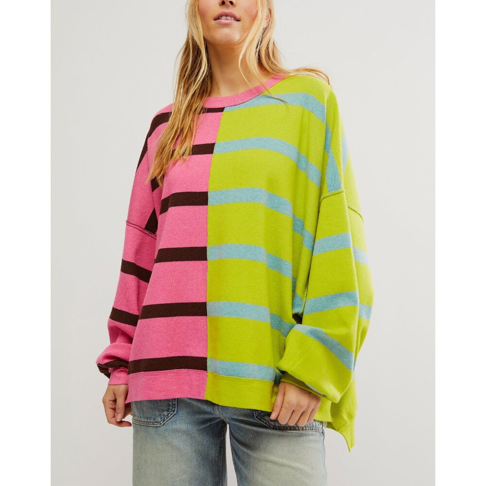 Free People Pink and Green Striped Sweatshirt